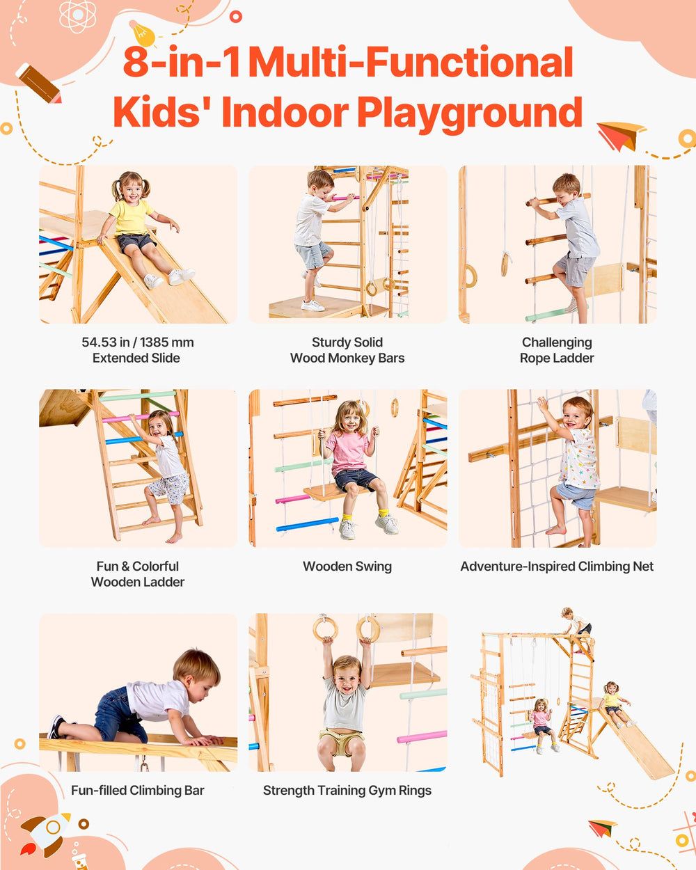 VEVOR 8-in-1 multi-functional kids indoor playground overview graphic