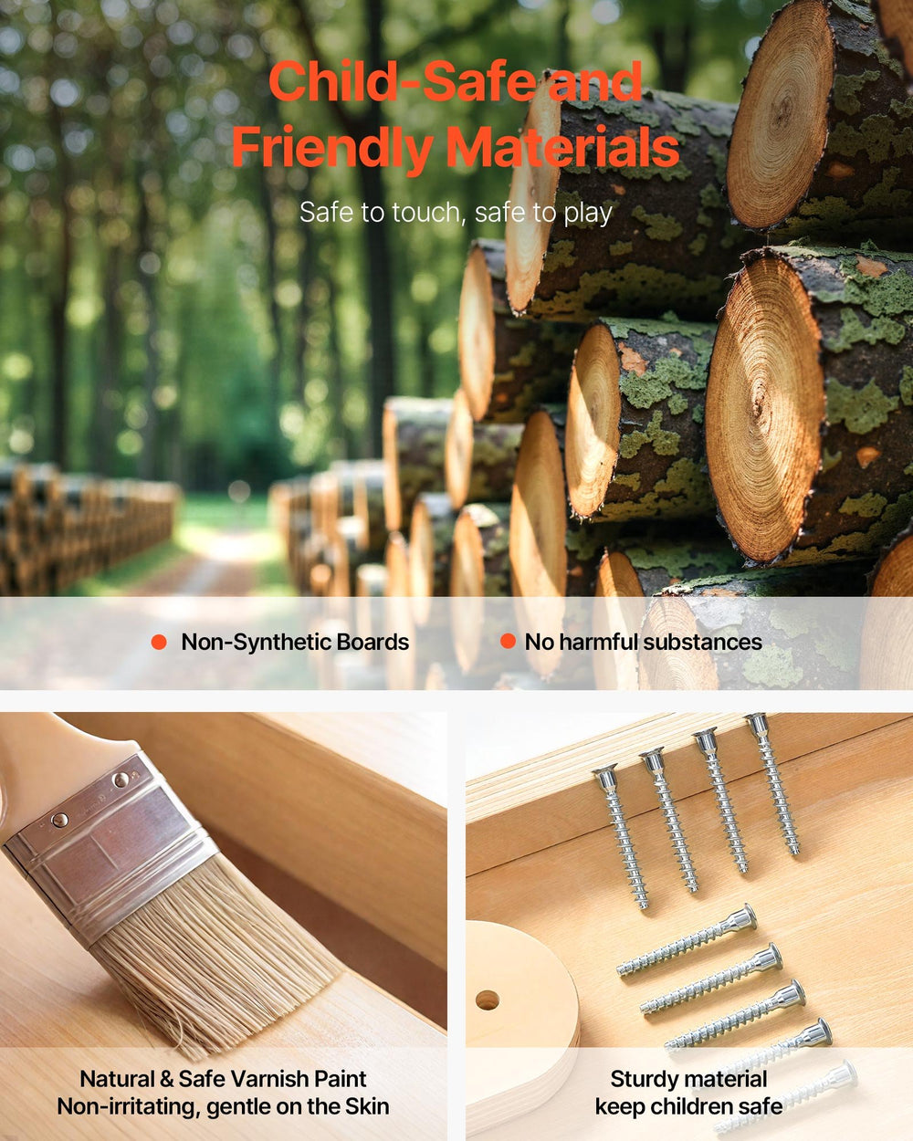 Child-safe and friendly materials graphic for VEVOR wooden indoor playground