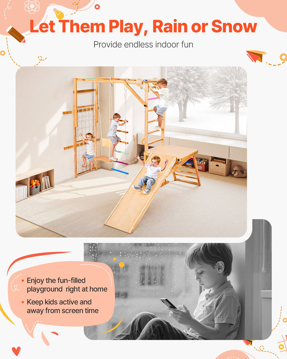 Let them play rain or snow indoor play lifestyle graphic