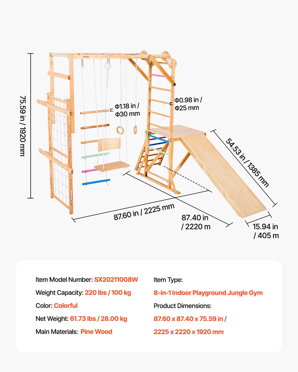 VEVOR indoor playground dimensions and specs infographic