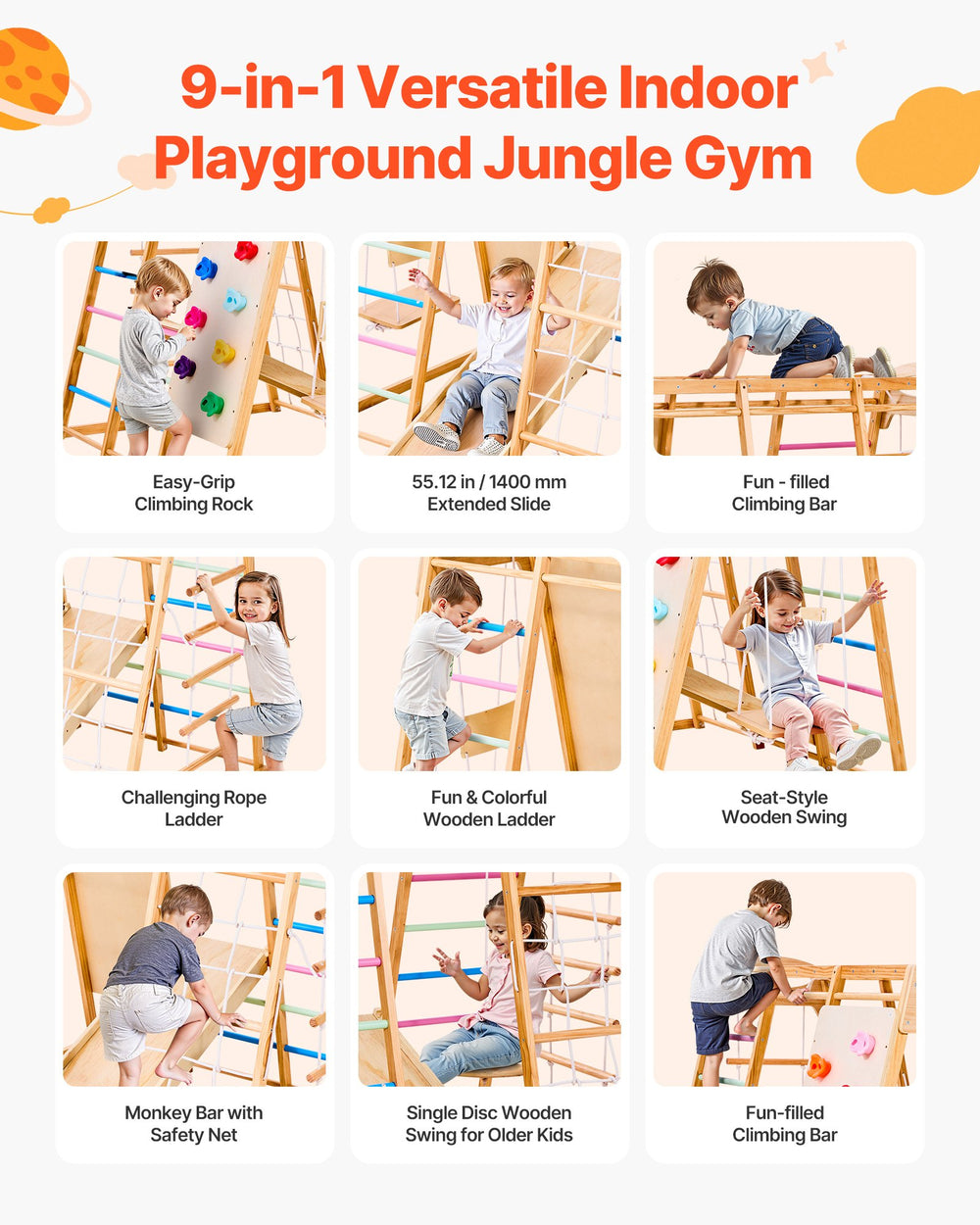 9-in-1 versatile indoor playground jungle gym modes infographic