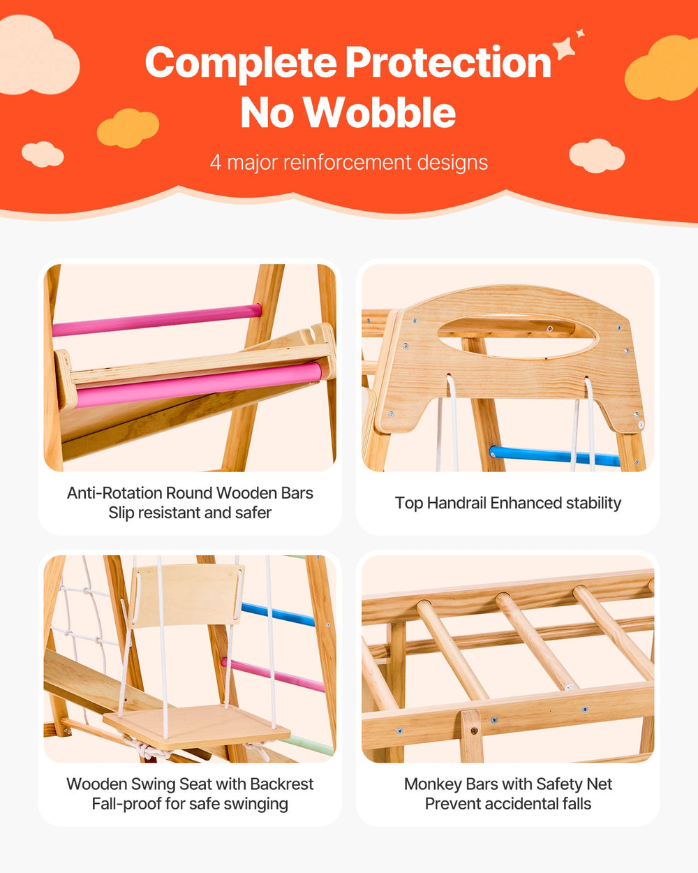 Safety features infographic for VEVOR indoor jungle gym