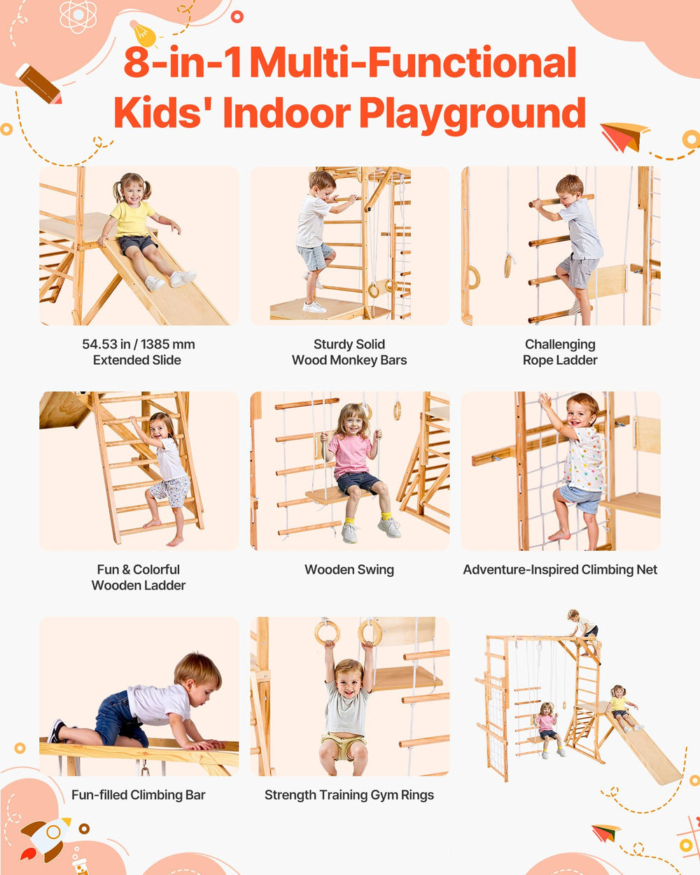 8-in-1 multi-functional kids indoor playground feature overview (slide ladder swing rings net)