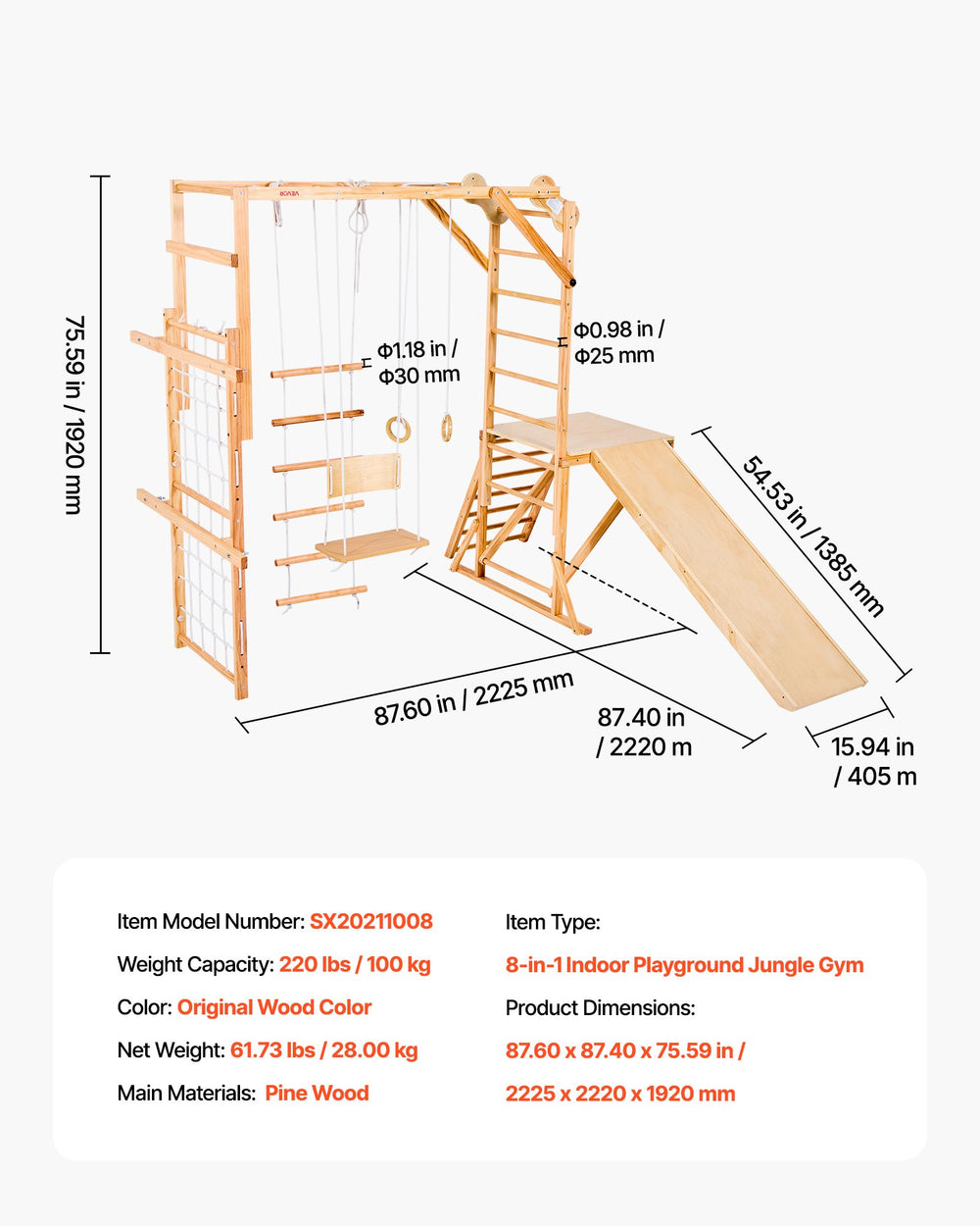 VEVOR indoor playground dimensions and specifications graphic