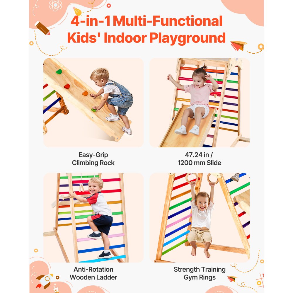 VEVOR Indoor Playground Jungle Gym, 4-in-1 Wooden Indoor Playground Playset with Climbing Rock, Slide, Wooden Ladder & Gym Rings, Montessori Style Playground Climbing Toys for Boys Girls, 220LBS