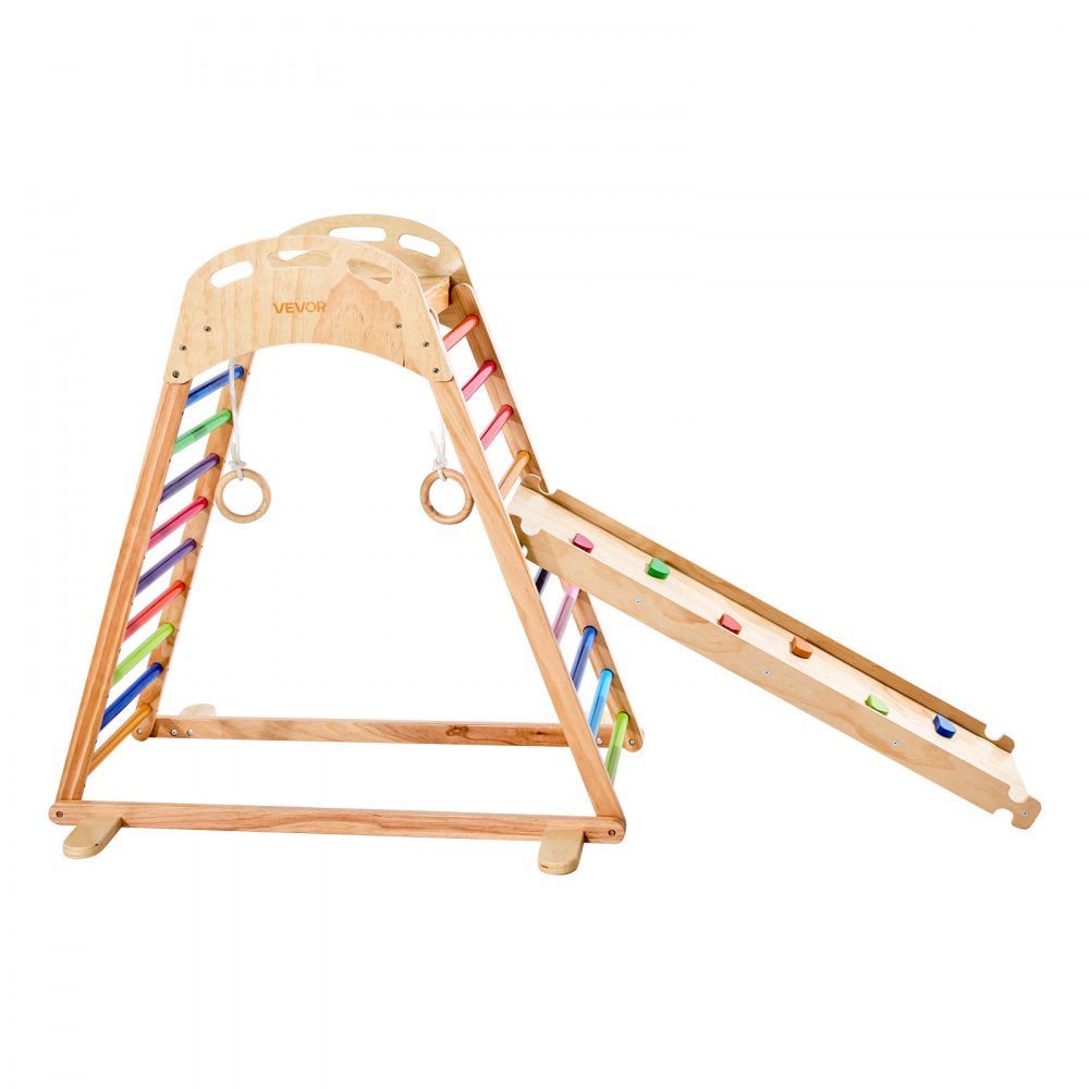 VEVOR Indoor Playground Jungle Gym, 4-in-1 Wooden Indoor Playground Playset with Climbing Rock, Slide, Wooden Ladder & Gym Rings, Montessori Style Playground Climbing Toys for Boys Girls, 220LBS