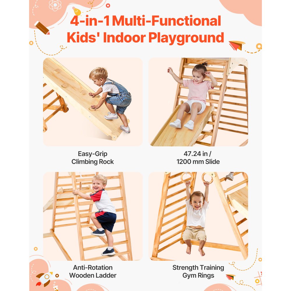VEVOR Indoor Playground Jungle Gym, 4-in-1 Wooden Indoor Playground Climbing Toys for Kids, Montessori Toddlers Climber Playset with Climbing Rock, Slide, Wooden Ladder & Gym Rings, 220LBS Loading