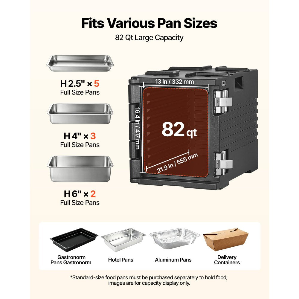 VEVOR Insulated Food Pan Carrier, 82 Qt Non-Electrical Food Warmer, with Wheel & 304 Stainless Steel Latch, LLDPE Stackable Hot Box, for Various Pan Sizes(NOT Included), Fit Catering BBQ Event(Black)