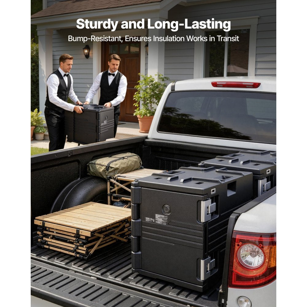 VEVOR Insulated Food Pan Carrier, 82 Qt Non-Electrical Food Warmer, with Wheel & 304 Stainless Steel Latch, LLDPE Stackable Hot Box, for Various Pan Sizes(NOT Included), Fit Catering BBQ Event(Black)