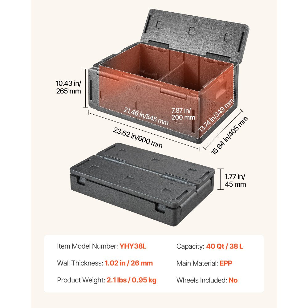 VEVOR Collapsible Insulated Food Warmer, 40 Qt Non-Electrical Thermal Carrier, Lightweight and High-rigidity EPP Hot Box, for Delivery, Transport, Catering BBQ Event, Keeps Warm/Cold 4 Hours (Gray)