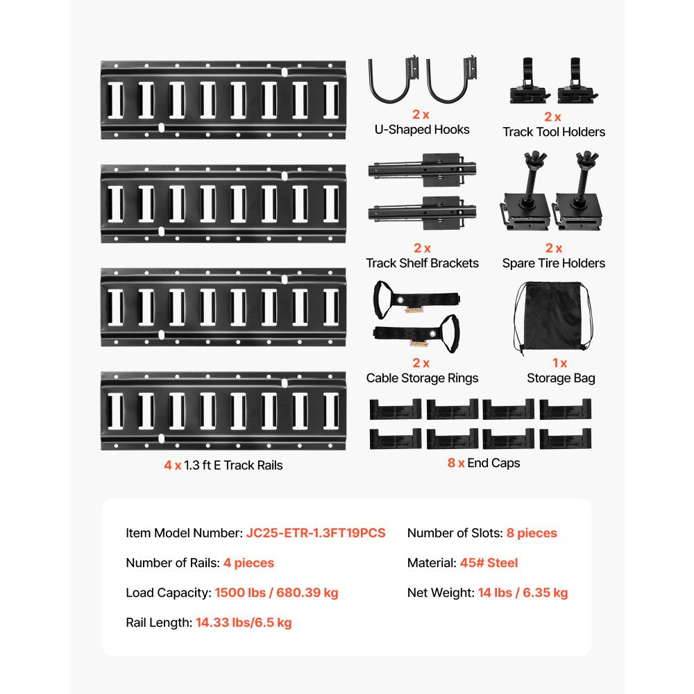 VEVOR E-Track Tie-Down Rail Kit, 4 Pack 1.3 ft E Track Rails, 2 U-Shaped Hooks, 2 Tool Holders, 2 Track Shelf Brackets, 2 Tire Holders, 2 Cable Storage Rings, 8 End Caps & 1 Bag, Fit for Vans Trailers