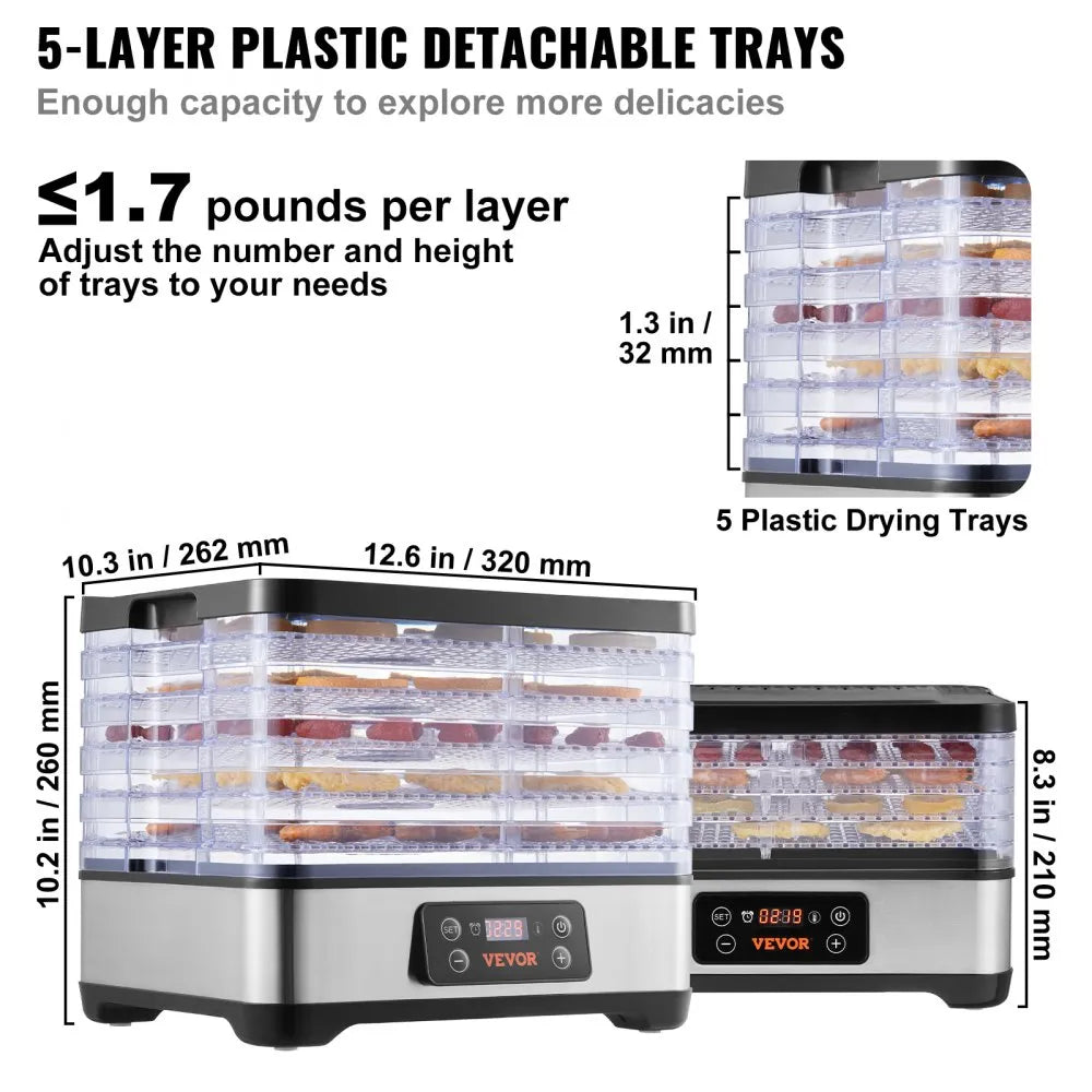 VEVOR Food Dehydrator Machine, 5-Tray Fruit Dehydrator, 300W Electric Food Dryer w/ Digital Adjustable Timer & Temperature for Jerky, Herb, Meat, Beef, Fruit, Dog Treats and Vegetables, ETL Listed