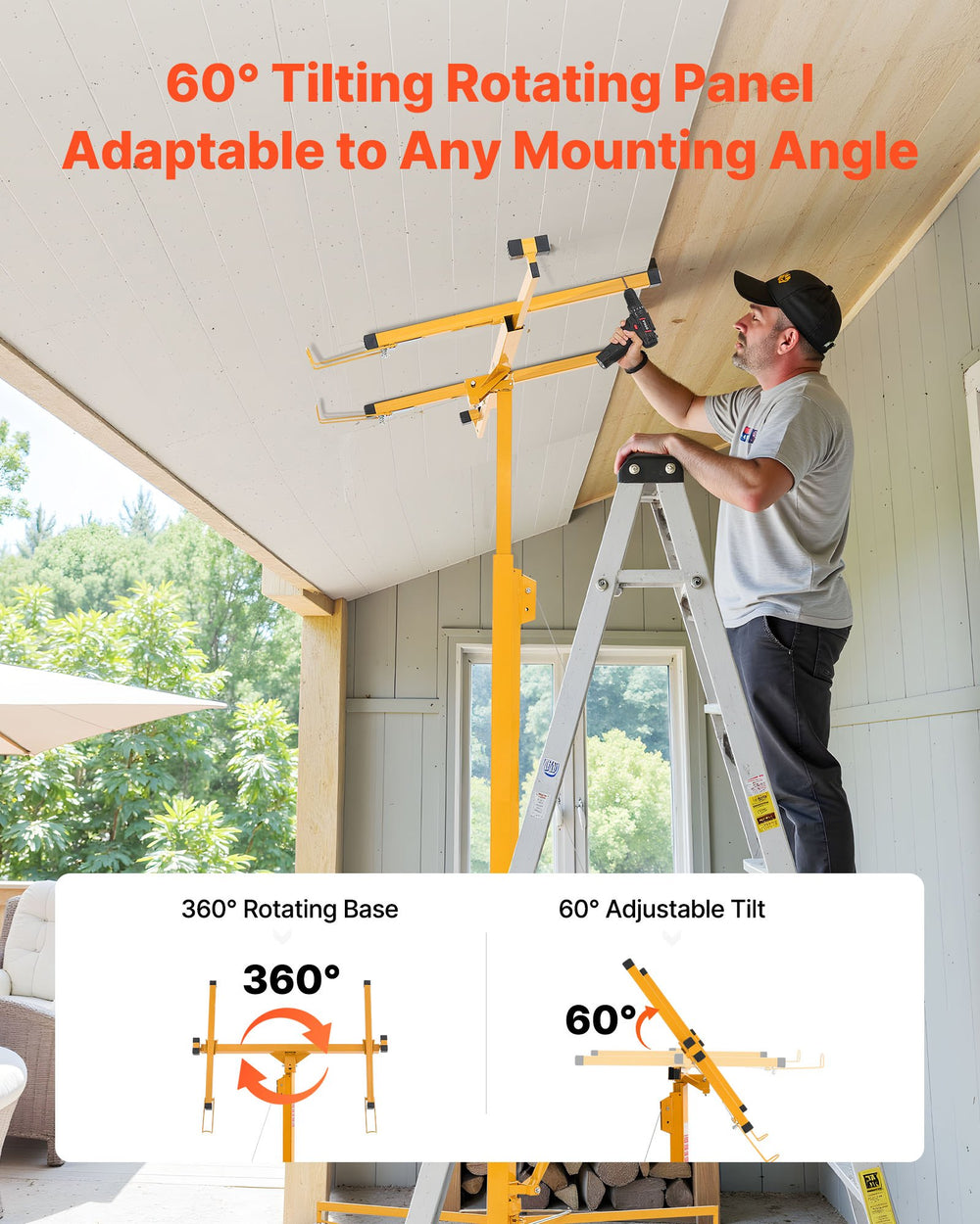 VEVOR 16ft Drywall Lift, Heavy-Duty 150 lbs Sheetrock Hoist with Adjustable Telescoping Arm, Lockable Wheels, Drywall Lifter Panel Jack Hoist Tools Ideal for Ceiling & Wall Installation (Yellow)