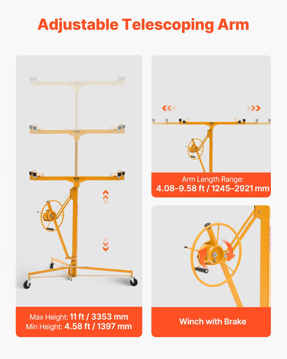 VEVOR 11ft Drywall Lift, Heavy-Duty 150 lbs Sheetrock Hoist with Adjustable Telescoping Arm, Lockable Wheels, Drywall Lifter Panel Jack Hoist Tools Ideal for Ceiling & Wall Installation (Yellow)