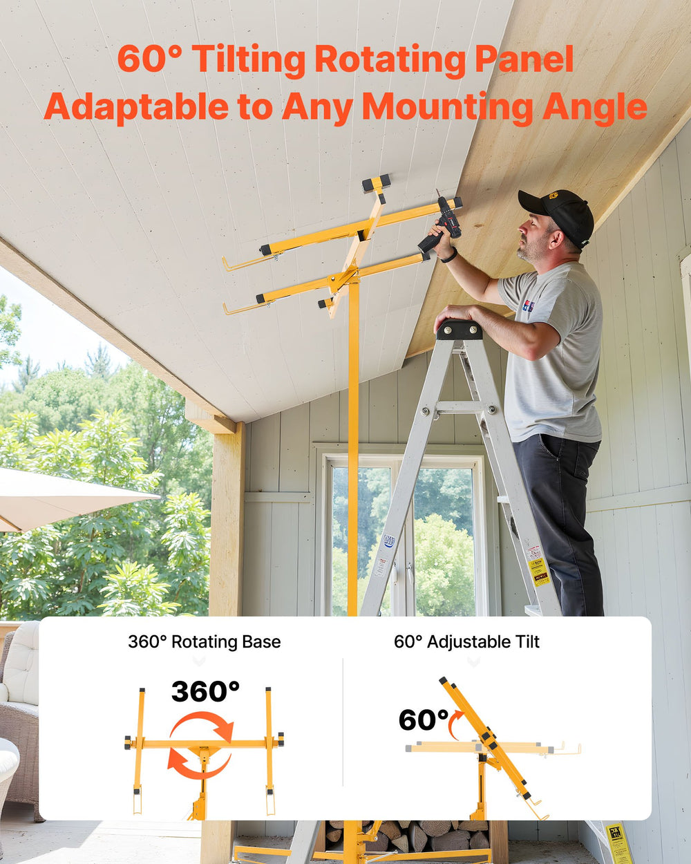 VEVOR 11ft Drywall Lift, Heavy-Duty 150 lbs Sheetrock Hoist with Adjustable Telescoping Arm, Lockable Wheels, Drywall Lifter Panel Jack Hoist Tools Ideal for Ceiling & Wall Installation (Yellow)