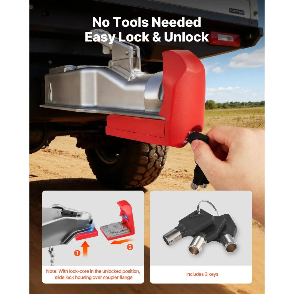VEVOR Trailer Hitch Lock, Fits for 1-7/8 in, 2 in, 2-5/16 in Couplers, Heavy-Duty Anti-Theft Trailer Ball Lock with 3 Keys, Prying-Resistant & Impact-Resistant, Fits for RVs, Boats, Trailers, Red