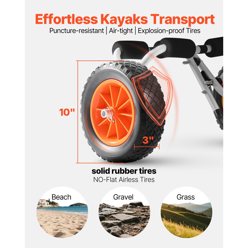 VEVOR Kayak Cart, 200 lbs Load Capacity, Foldable Kayak Trolley with 10-inch Solid Rubber Tires & 1 Ratchet Strap, Paddle Board Trolley for Carrying Kayaks, Canoes, Paddleboards, Float Mats, Jon Boats
