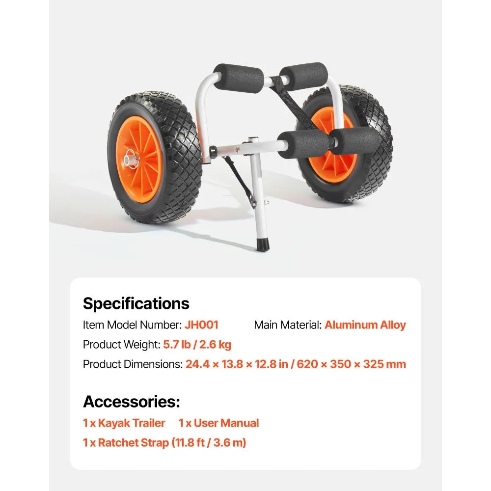 VEVOR Kayak Cart, 200 lbs Load Capacity, Foldable Kayak Trolley with 10-inch Solid Rubber Tires & 1 Ratchet Strap, Paddle Board Trolley for Carrying Kayaks, Canoes, Paddleboards, Float Mats, Jon Boats