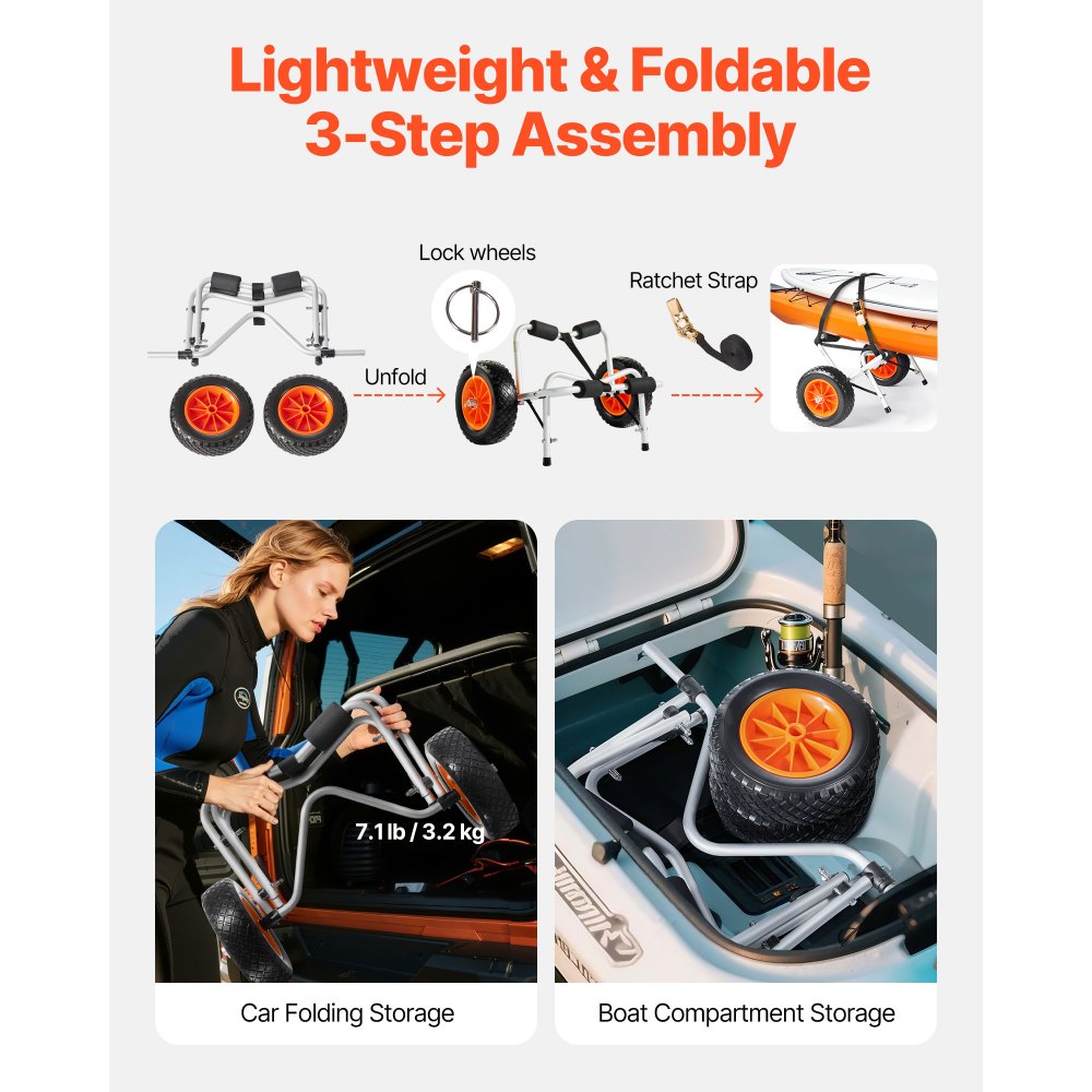 VEVOR Kayak Cart, 250 lbs Load Capacity, Foldable Kayak Trolley with 10-inch Solid Rubber Tires & 1 Ratchet Strap, Paddle Board Trolley for Carrying Kayaks, Canoes, Paddleboards, Float Mats, Jon Boats