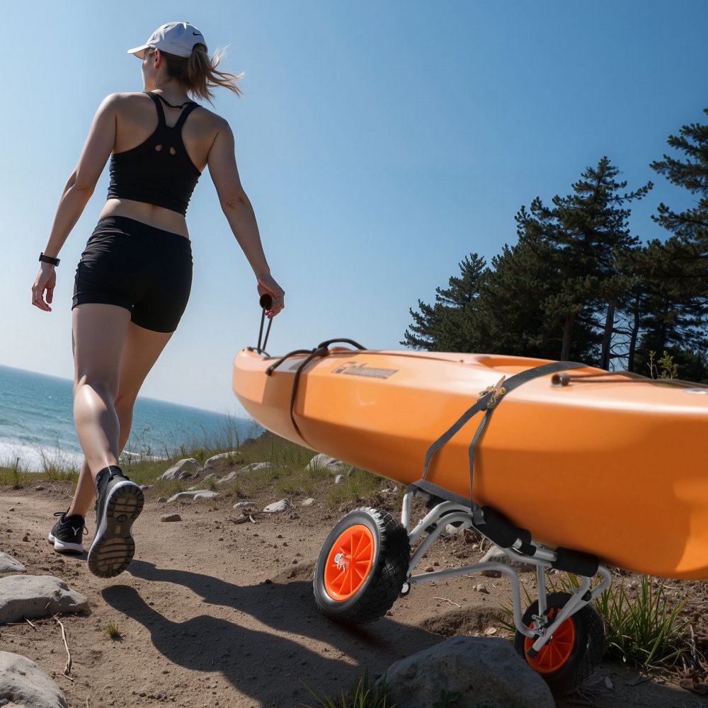 VEVOR Kayak Cart, 250 lbs Load Capacity, Foldable Kayak Trolley with 10-inch Solid Rubber Tires & 1 Ratchet Strap, Paddle Board Trolley for Carrying Kayaks, Canoes, Paddleboards, Float Mats, Jon Boats