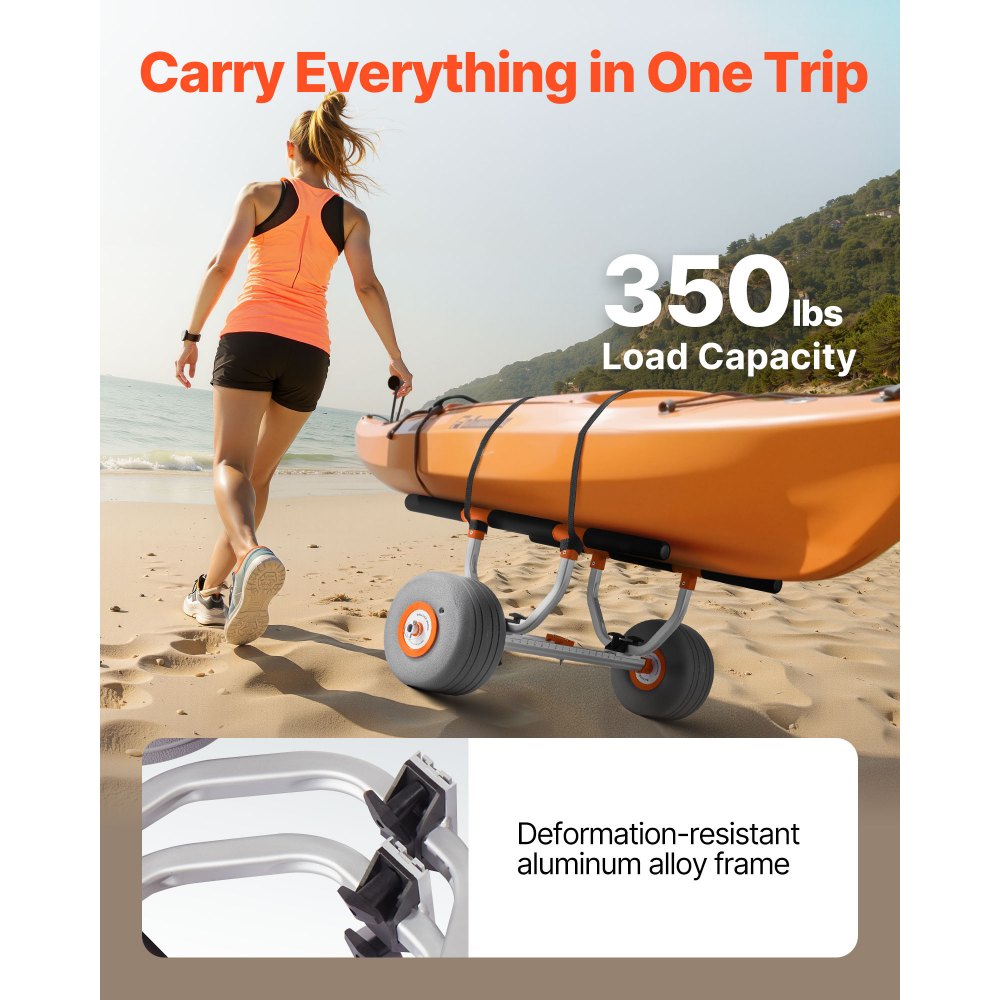 VEVOR Kayak Cart, 350 lbs Load Capacity, Kayak Trolley with 12-inch Inflatable PU Tires & 2 Straps, Assembles & Disassembles Within Seconds, Paddle Board Trolley for Carrying Kayaks and Canoes