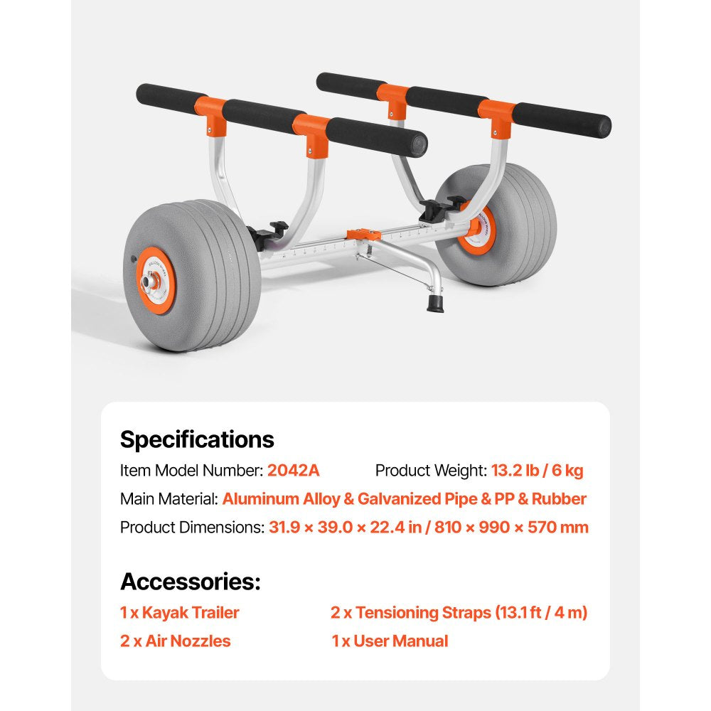 VEVOR Kayak Cart, 350 lbs Load Capacity, Kayak Trolley with 12-inch Inflatable PU Tires & 2 Straps, Assembles & Disassembles Within Seconds, Paddle Board Trolley for Carrying Kayaks and Canoes