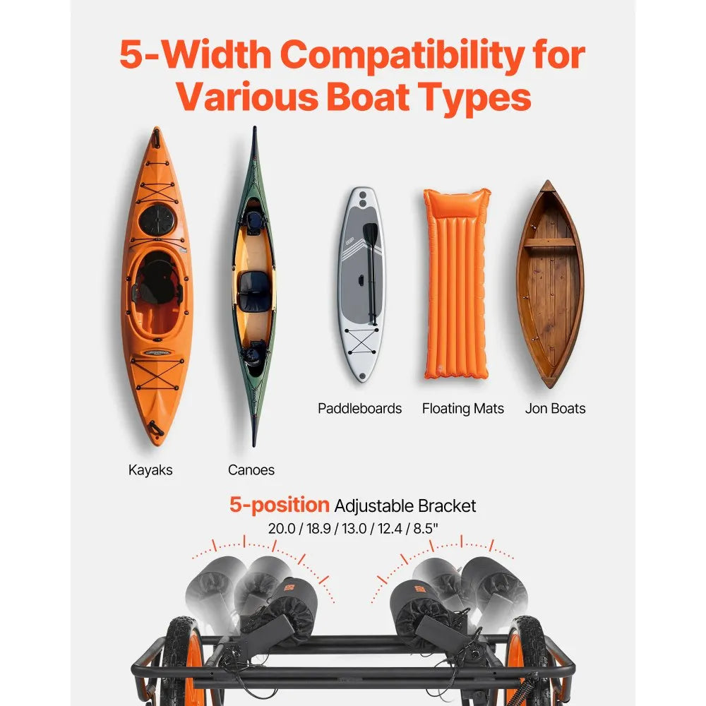 VEVOR Kayak Cart, 330 lbs Load Capacity, Canoe Cart Dolly with 15-inch Solid Rubber Tires & Kickstand, Assembles & Disassembles Within Seconds, Paddle Board Trolley for Kayaks, Canoes, Paddleboards