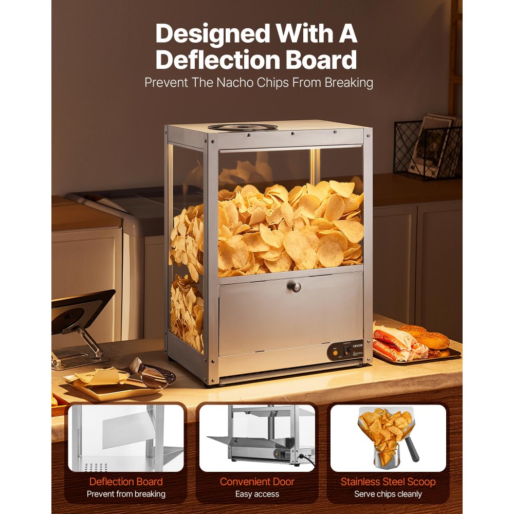 VEVOR Commercial Nacho Chip Warmer, 85QT Chip Warmer Machine with Heating Base and Warming Light, Nacho Machine with Deflection Board, Stainless Steel, for Nacho Chips, Popcorn, Potato Chips, Peanut