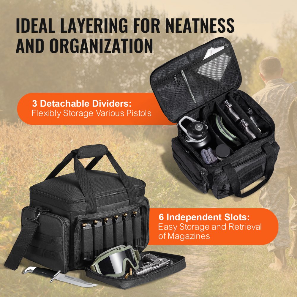 VEVOR Range Bag for 4 Pistols, Tactical Gun Range Bag with 3 Detachable Baffles & 6 Magazines, Firearm Shooting Handgun Bag for Outdoor Hunting Shooting Pistol Bag with Single Shoulder Strip, Black