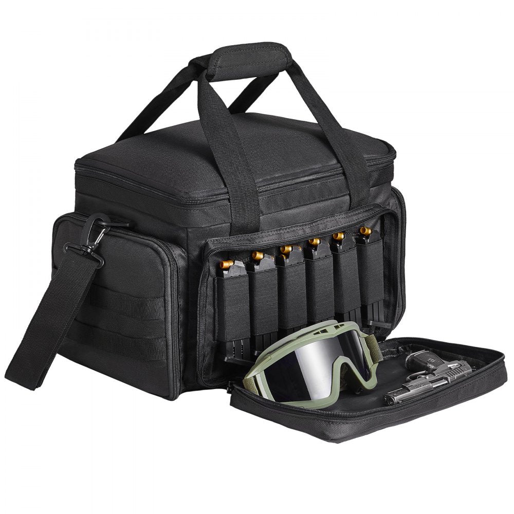 VEVOR Range Bag for 4 Pistols, Tactical Gun Range Bag with 3 Detachable Baffles & 6 Magazines, Firearm Shooting Handgun Bag for Outdoor Hunting Shooting Pistol Bag with Single Shoulder Strip, Black