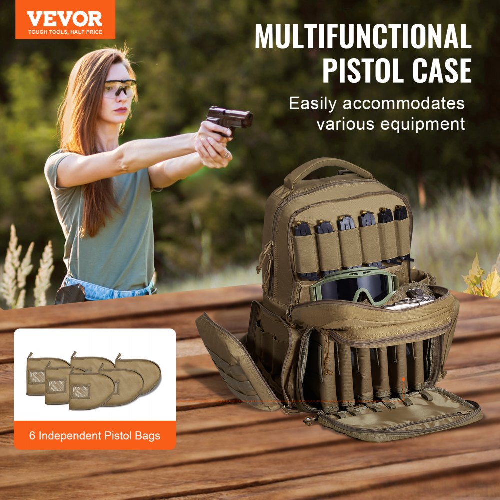 VEVOR Tactical Range Backpack for 6 Pistols, Gun Backpack with 6 Independent Pistol Bags & 10 Magazines, Pistol Backpack for Outdoor Hunting Shooting, Range Bag for Handguns Lockable Zipper,  Brown