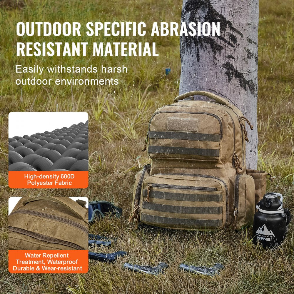 VEVOR Tactical Range Backpack for 6 Pistols, Gun Backpack with 6 Independent Pistol Bags & 10 Magazines, Pistol Backpack for Outdoor Hunting Shooting, Range Bag for Handguns Lockable Zipper,  Brown