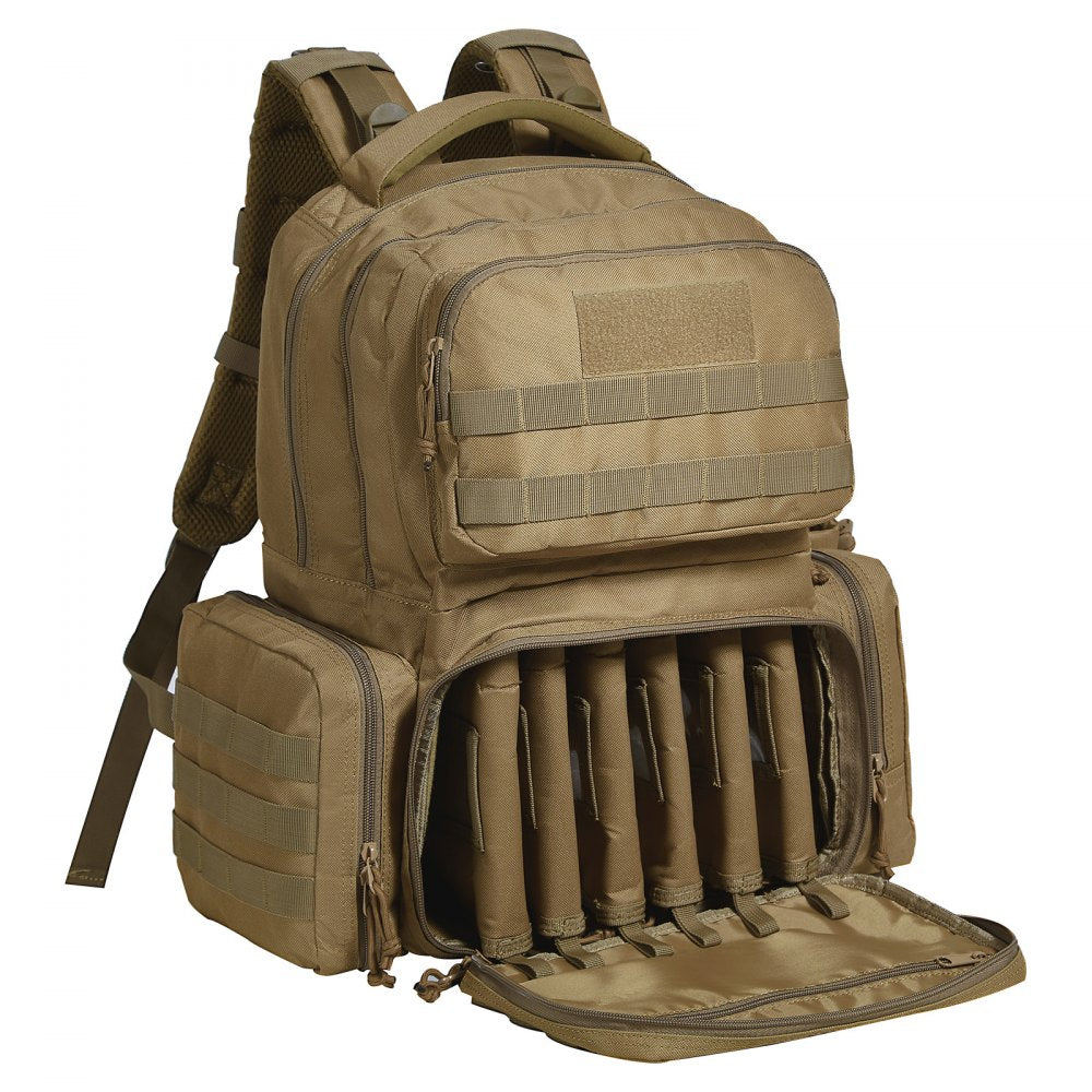 VEVOR Tactical Range Backpack for 6 Pistols, Gun Backpack with 6 Independent Pistol Bags & 10 Magazines, Pistol Backpack for Outdoor Hunting Shooting, Range Bag for Handguns Lockable Zipper,  Brown