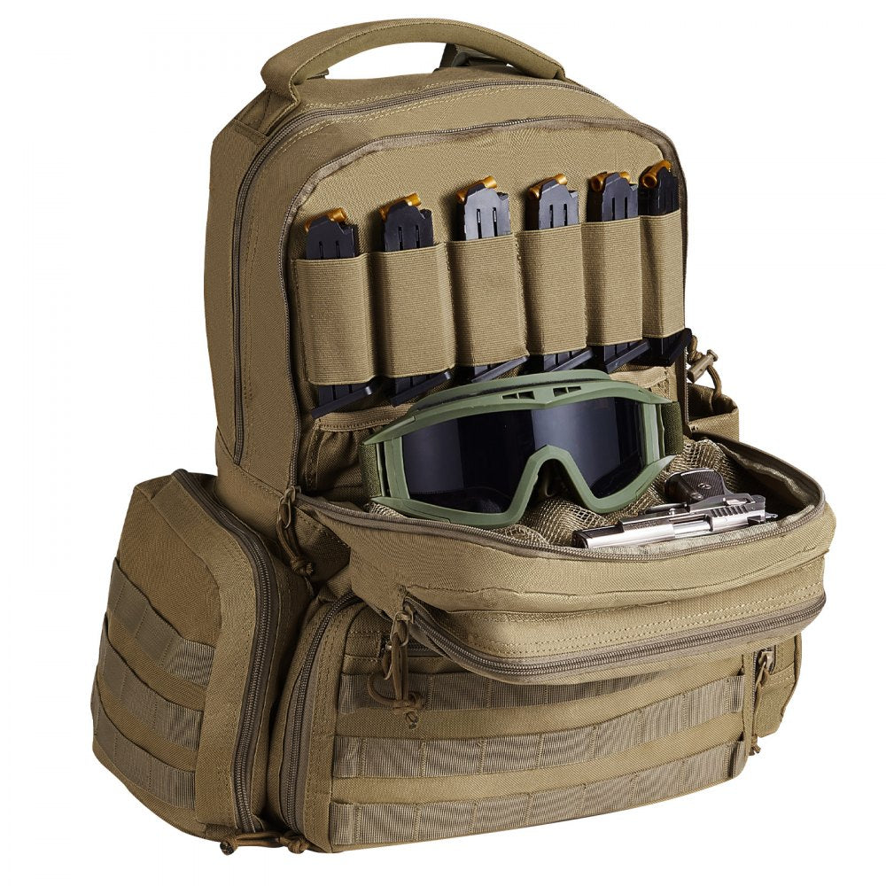 VEVOR Tactical Range Backpack for 6 Pistols, Gun Backpack with 6 Independent Pistol Bags & 10 Magazines, Pistol Backpack for Outdoor Hunting Shooting, Range Bag for Handguns Lockable Zipper,  Brown