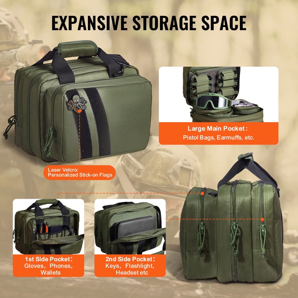 VEVOR Range Bag for 2 Pistols, Tactical Gun Bag with 2 Built-in Removable Pistol Bags & 6 Detachable Magazines, Gun Range Bag for Outdoor Hunting Shooting, Lockable Carrying Handgun Bag Case, Green