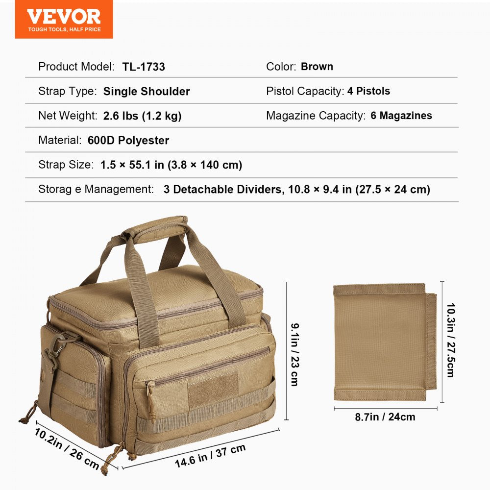 VEVOR Range Bag for 4 Pistols, Tactical Gun Range Bag with 3 Detachable Baffles & 6 Magazines, Firearm Shooting Handgun Bag for Outdoor Hunting Shooting Pistol Bag with Single Shoulder Strip, Brown