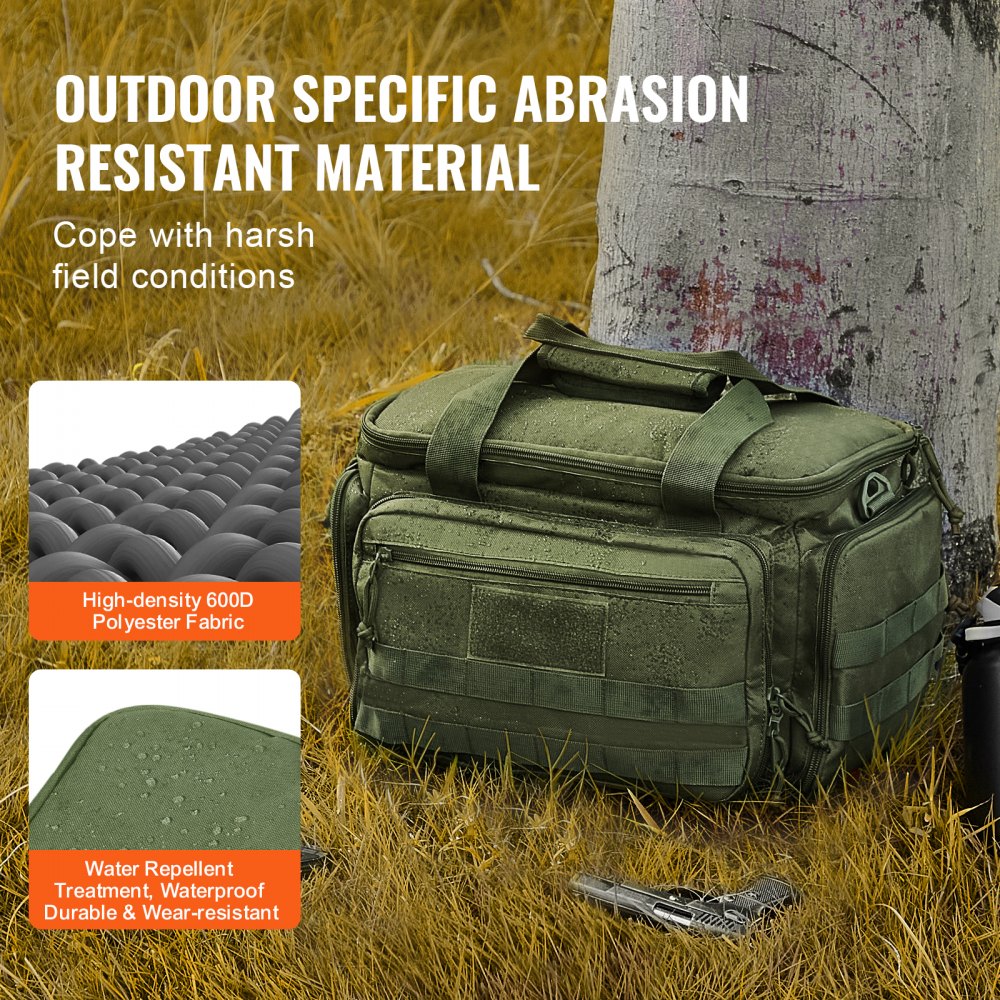 VEVOR Range Bag for 4 Pistols, Tactical Gun Range Bag with 3 Detachable Baffles & 6 Magazines, Firearm Shooting Handgun Bag for Outdoor Hunting Shooting Pistol Bag with Single Shoulder Strip, Green
