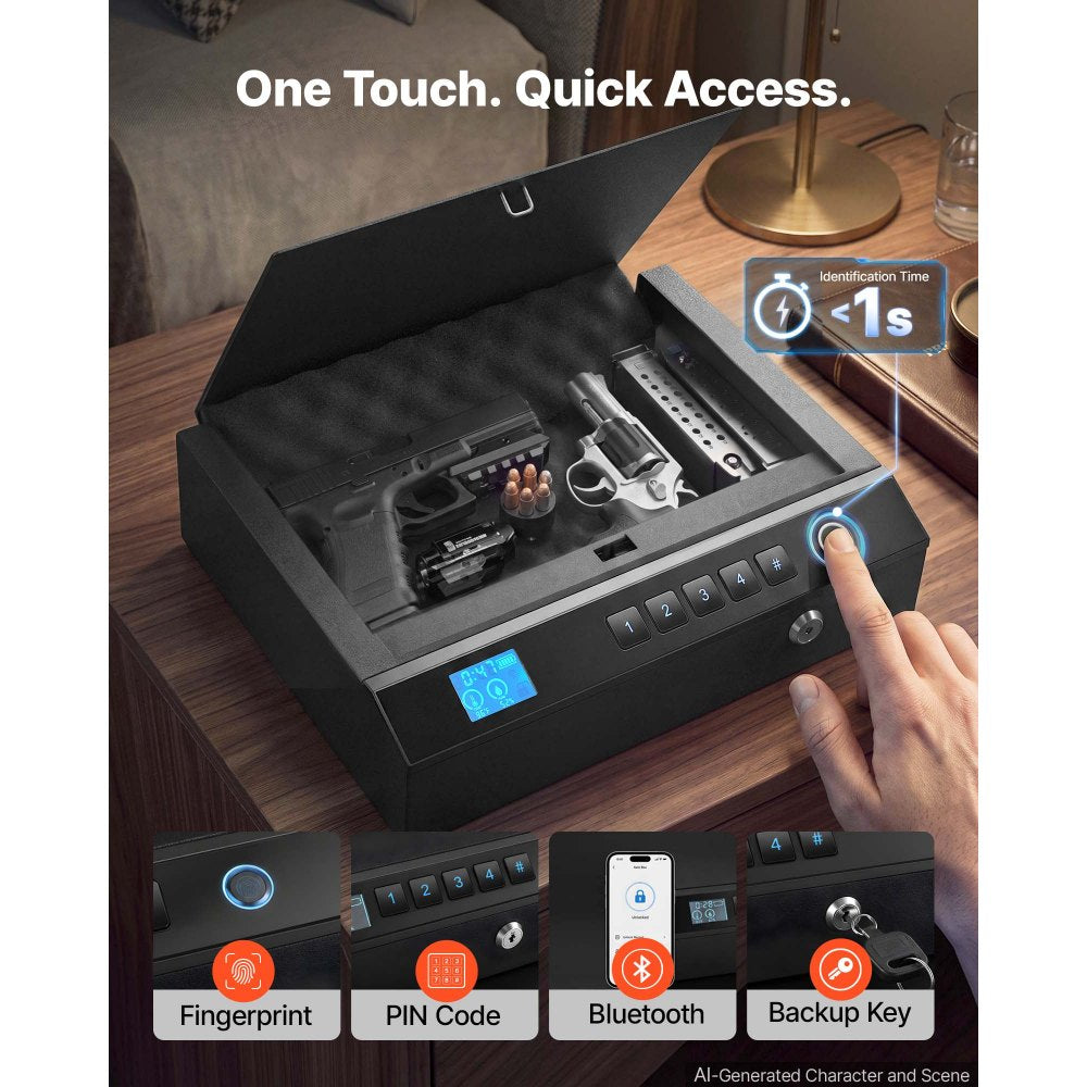 VEVOR Gun Safe for Handgun Biometric Fingerprint Pistol Safe with Bluetooth, for Storing 2 Handguns and 2 Magazines, 4-Way Quick Access, Steel Construction, with Automatic Lighting, Silent Mode, Black