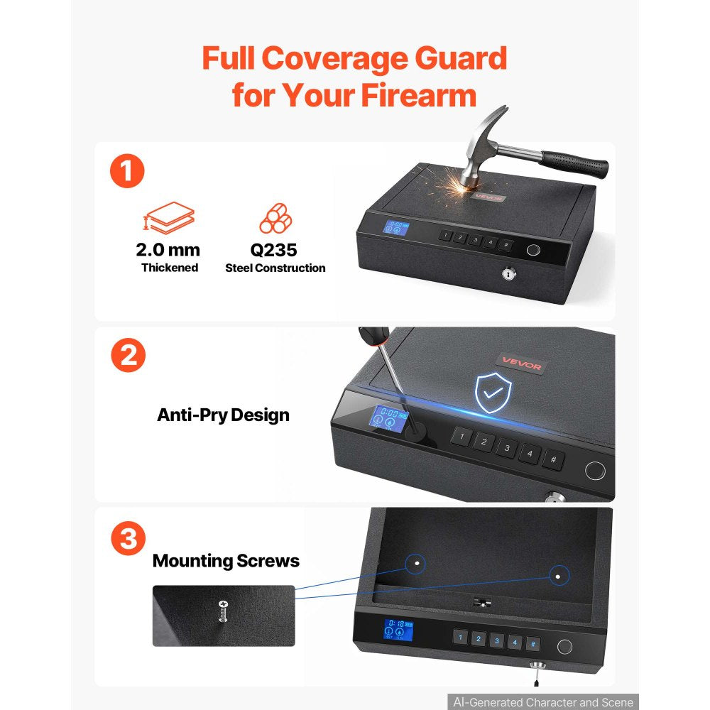 VEVOR Gun Safe for Handgun Biometric Fingerprint Pistol Safe with Bluetooth, for Storing 2 Handguns and 2 Magazines, 4-Way Quick Access, Steel Construction, with Automatic Lighting, Silent Mode, Black