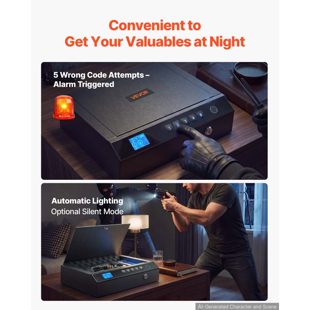 VEVOR Gun Safe for Handgun Biometric Fingerprint Pistol Safe with Bluetooth, for Storing 2 Handguns and 2 Magazines, 4-Way Quick Access, Steel Construction, with Automatic Lighting, Silent Mode, Black