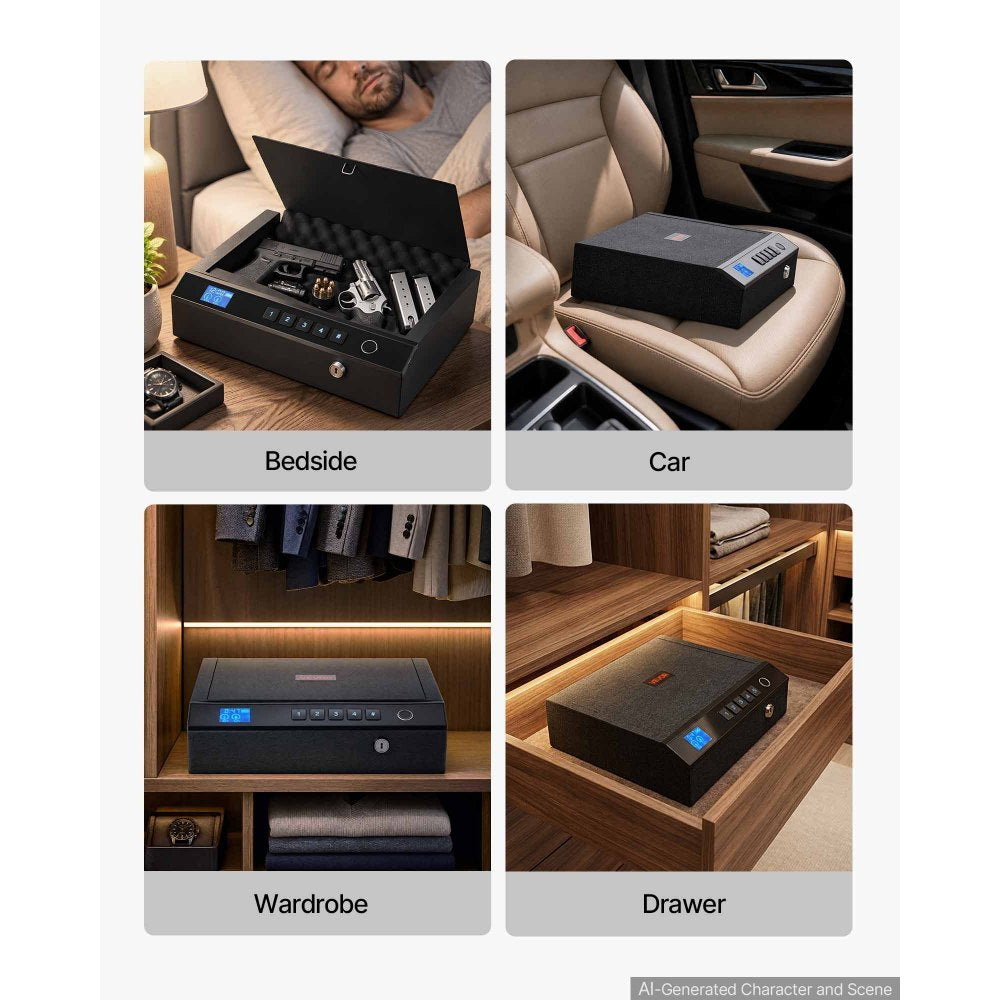 VEVOR Gun Safe for Handgun Biometric Fingerprint Pistol Safe with Bluetooth, for Storing 2 Handguns and 2 Magazines, 4-Way Quick Access, Steel Construction, with Automatic Lighting, Silent Mode, Black