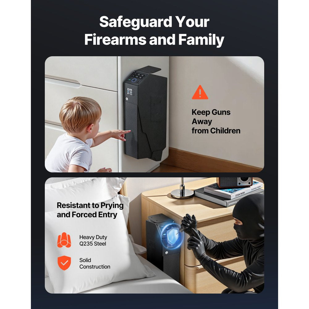 VEVOR Gun Safe, Slider Handgun Gun Safe with Screen, Fingerprint/Password/Key, 3-Way Quick Access Firearm Case Box with LED for 1 Pistol & Magazine, Mounted Gun Box for Nightstand Bedside Desk Car