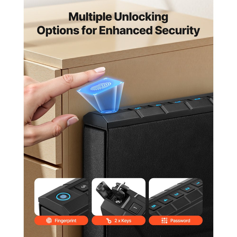 VEVOR Gun Safe, Slider Handgun Gun Safe with Fingerprint/Password/Key, 3-Way Quick Access Firearm Case Box with Lighting for 1 Pistol & Magazine, Mounted Pistol Gun Box for Nightstand Bedside Desk Car