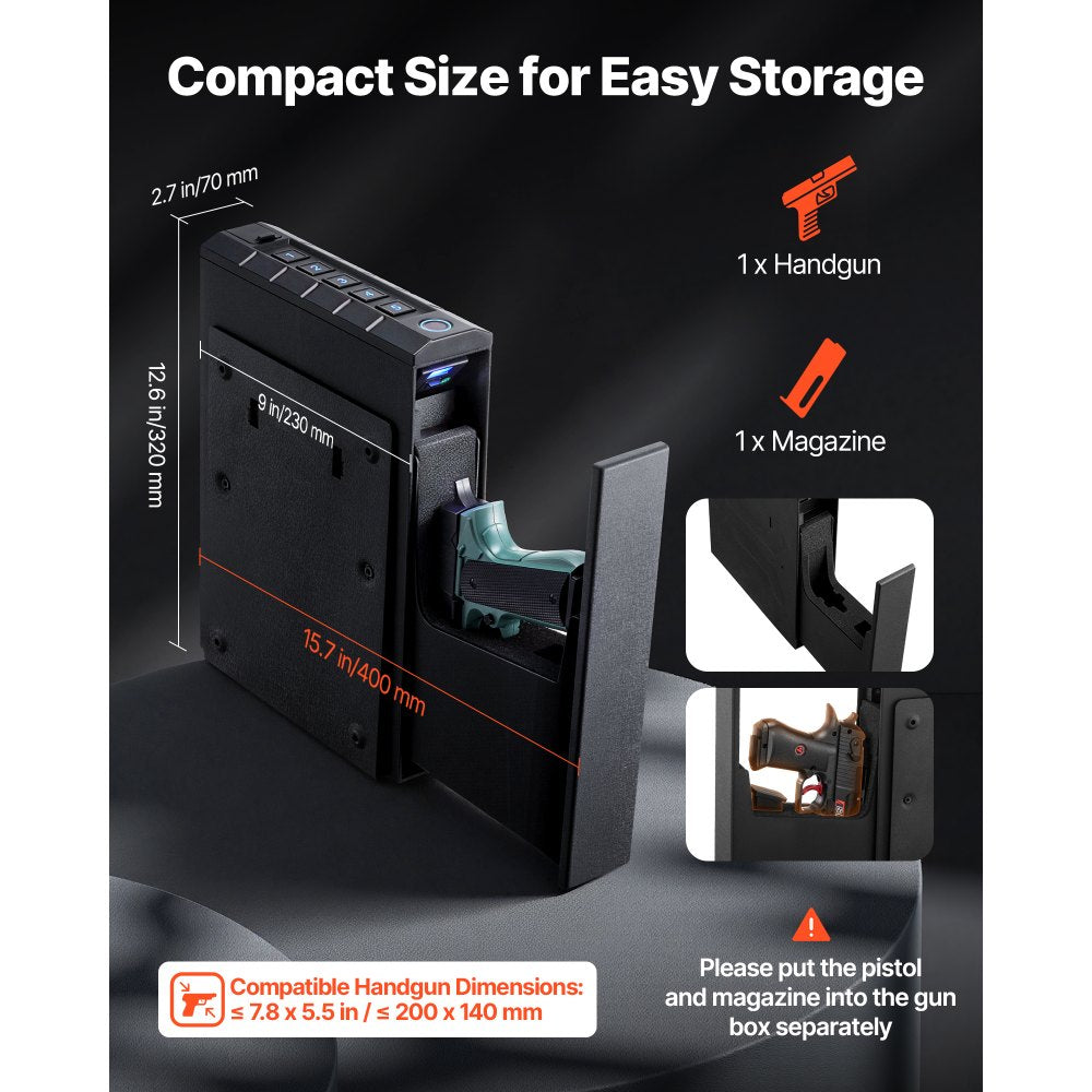 VEVOR Gun Safe, Slider Handgun Gun Safe with Fingerprint/Password/Key, 3-Way Quick Access Firearm Case Box with Lighting for 1 Pistol & Magazine, Mounted Pistol Gun Box for Nightstand Bedside Desk Car