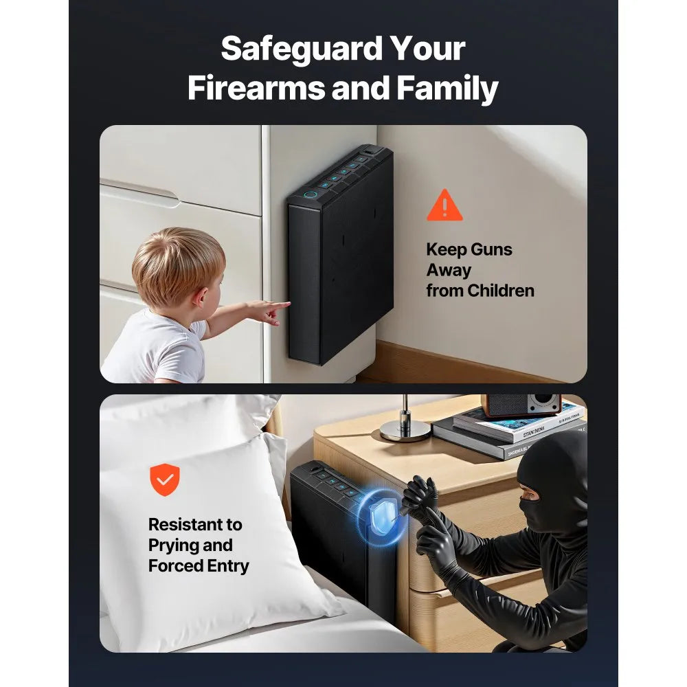 VEVOR Gun Safe, Slider Handgun Gun Safe with Fingerprint/Password/Key, 3-Way Quick Access Firearm Case Box with Lighting for 1 Pistol & Magazine, Mounted Pistol Gun Box for Nightstand Bedside Desk Car