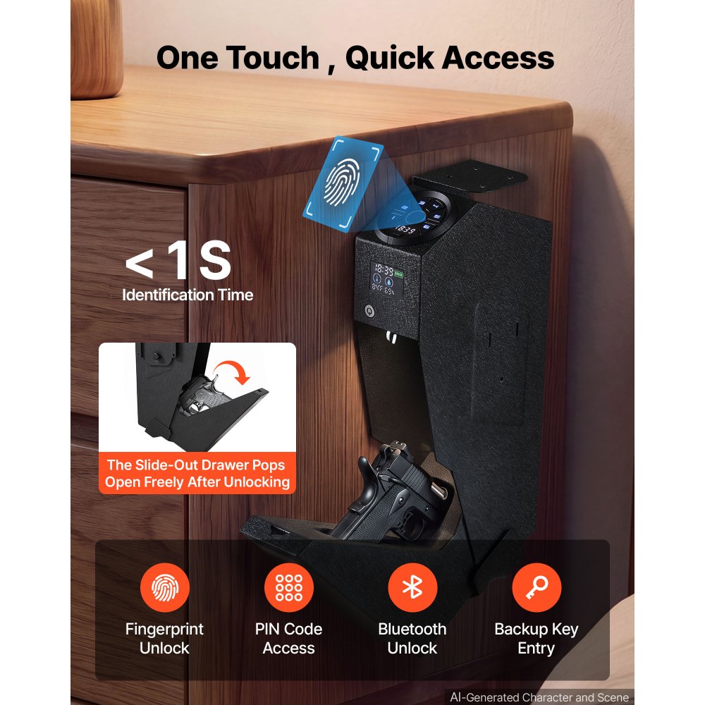 VEVOR Gun Safe for Handgun Biometric Fingerprint Pistol Safe 4-Way Access, for Bedroom Nightstand, Desks, Thick Steel Construction, with LCD Display, Automatic Lighting, Optional Silent Mode, Black