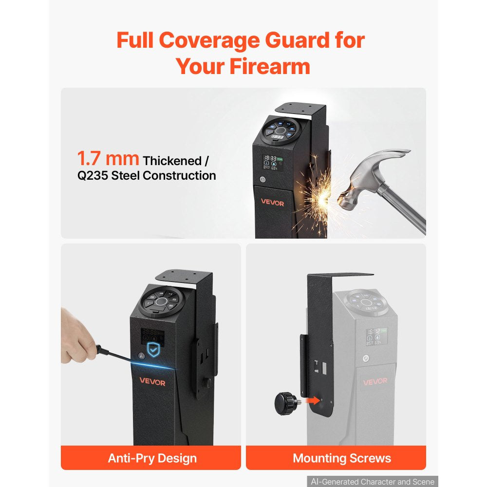 VEVOR Gun Safe for Handgun Biometric Fingerprint Pistol Safe 4-Way Access, for Bedroom Nightstand, Desks, Thick Steel Construction, with LCD Display, Automatic Lighting, Optional Silent Mode, Black