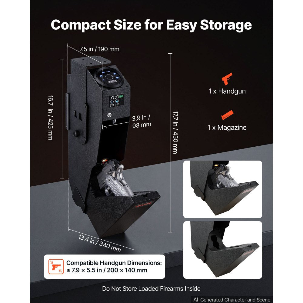 VEVOR Gun Safe for Handgun Biometric Fingerprint Pistol Safe 4-Way Access, for Bedroom Nightstand, Desks, Thick Steel Construction, with LCD Display, Automatic Lighting, Optional Silent Mode, Black