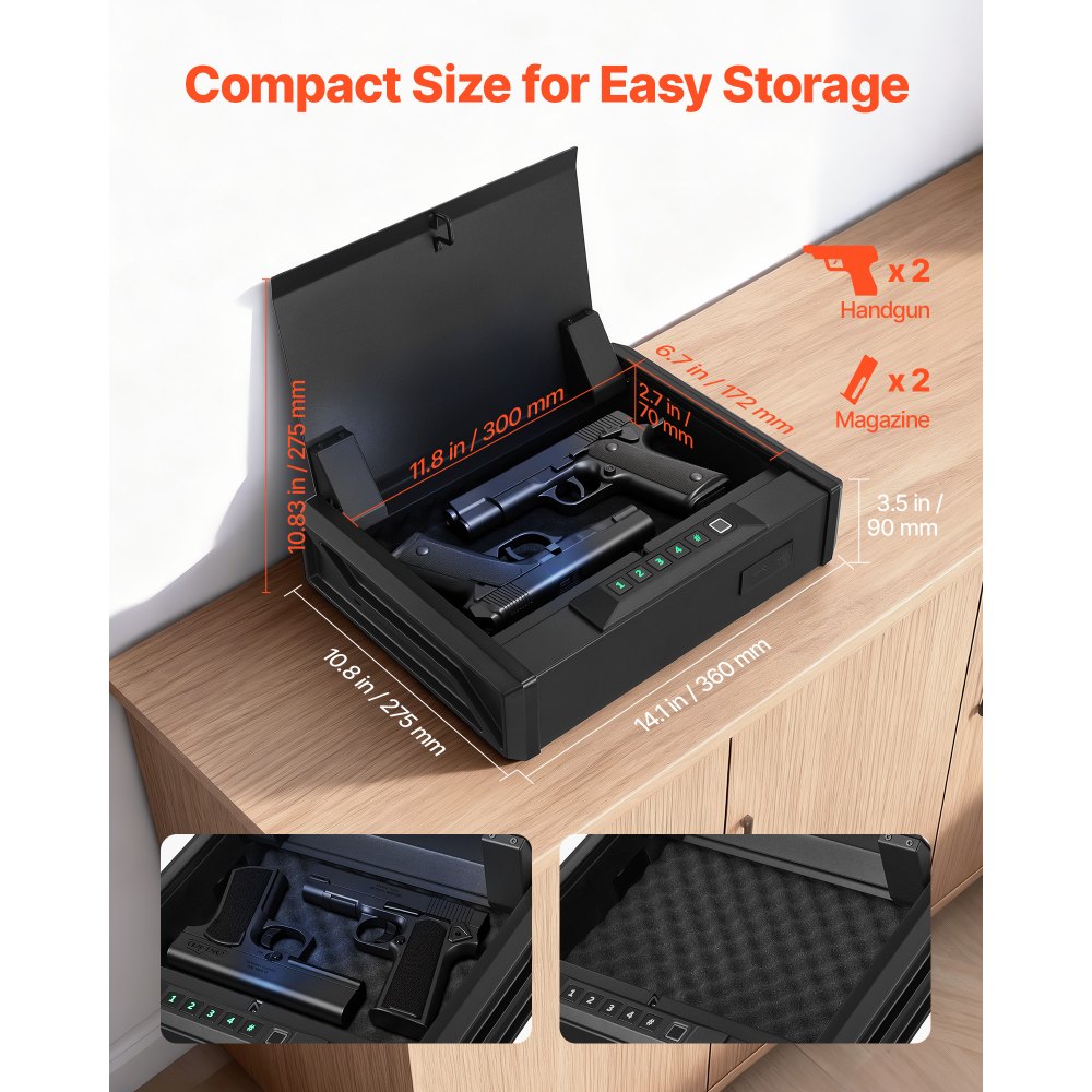 VEVOR Gun Safe, Heavy Duty Handgun Safe with Fingerprint/Password/Key, 3-Way Quick Access Firearm Case Box with Lighting for 2 Pistols & 2 Magazines, Pistol Gun Box for Nightstand Bedside Desk Car
