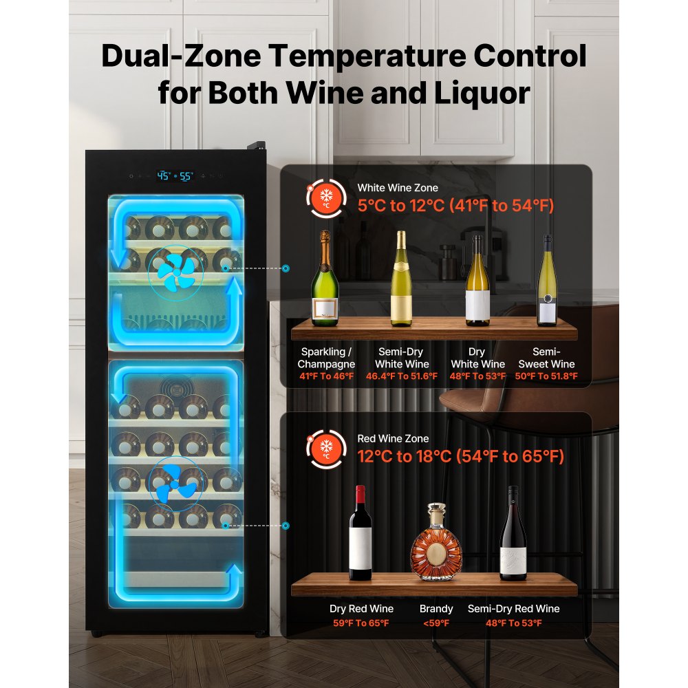 VEVOR 42 Bottle Wine Fridge, Freestanding Wine Cooler Refrigerator, Dual Zone Cooler, 41℉ to 65℉ Adjustable Temp Mini Cellar, Glass Door, For Home Office Bar, Red White Champagne or Sparkling Wines